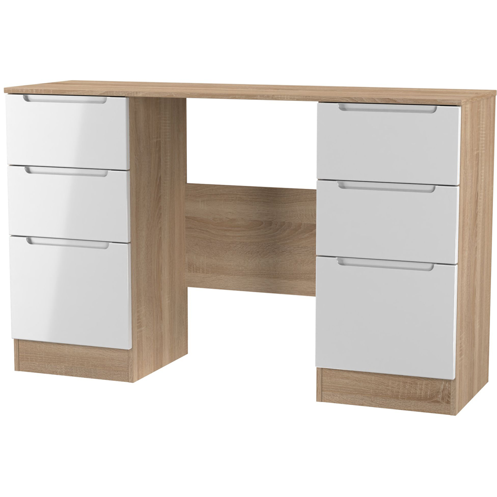 Crowndale Milan 6 Drawer White Gloss and Bardolino Oak Kneehole Desk Ready Assembled Image 2