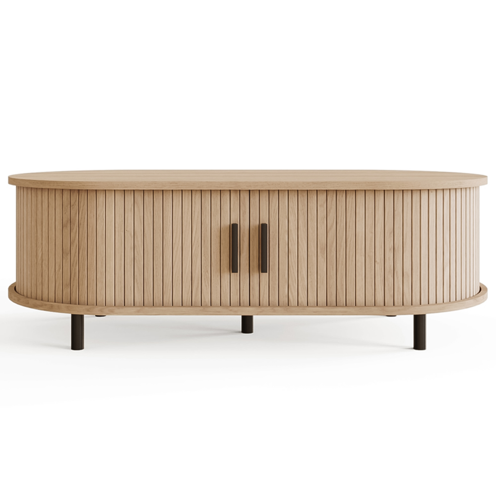 GFW Omari 2 Tambour Sliding Door Oak Slatted Coffee Table Image 3