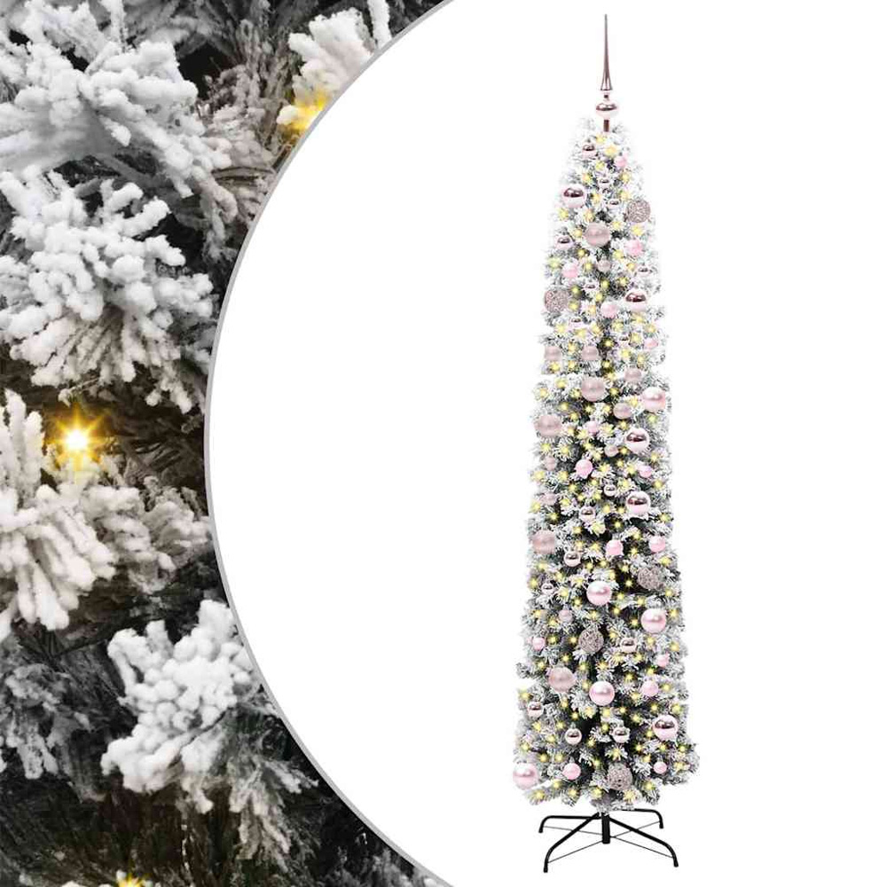 vidaXL Green Snow Flocked Artificial Christmas Tree with LEDs Pink Decoration Ornaments 6ft Image 2