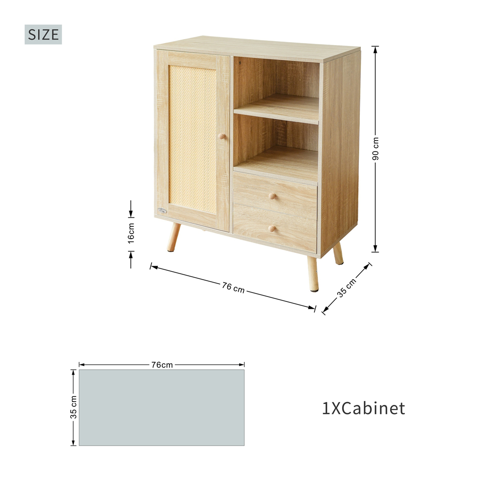 Abrihome Single Door 2 Drawer 2 Shelf Natural Wooden Rattan Side Cabinet Image 9