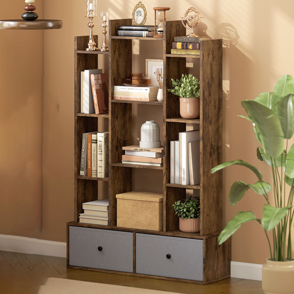 Portland 2 Drawer 12 Shelf Rustic Brown Bookcase Image 1