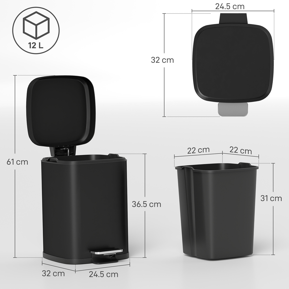 HOMCOM Black Pedal Kitchen Bin with Soft Close Lid 12L Image 9