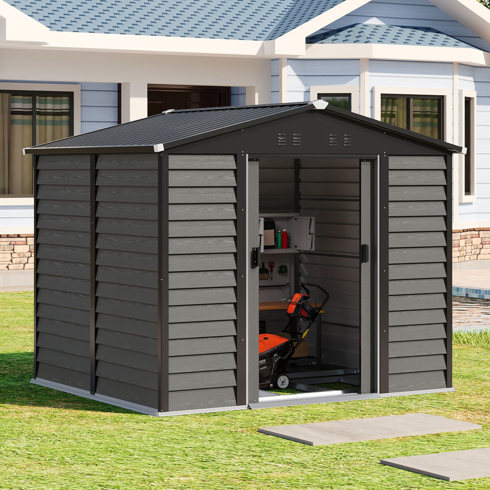 Living and Home 8 x 7ft Grey Wood Grain Apex Garden Storage Shed with Foundation Image 2