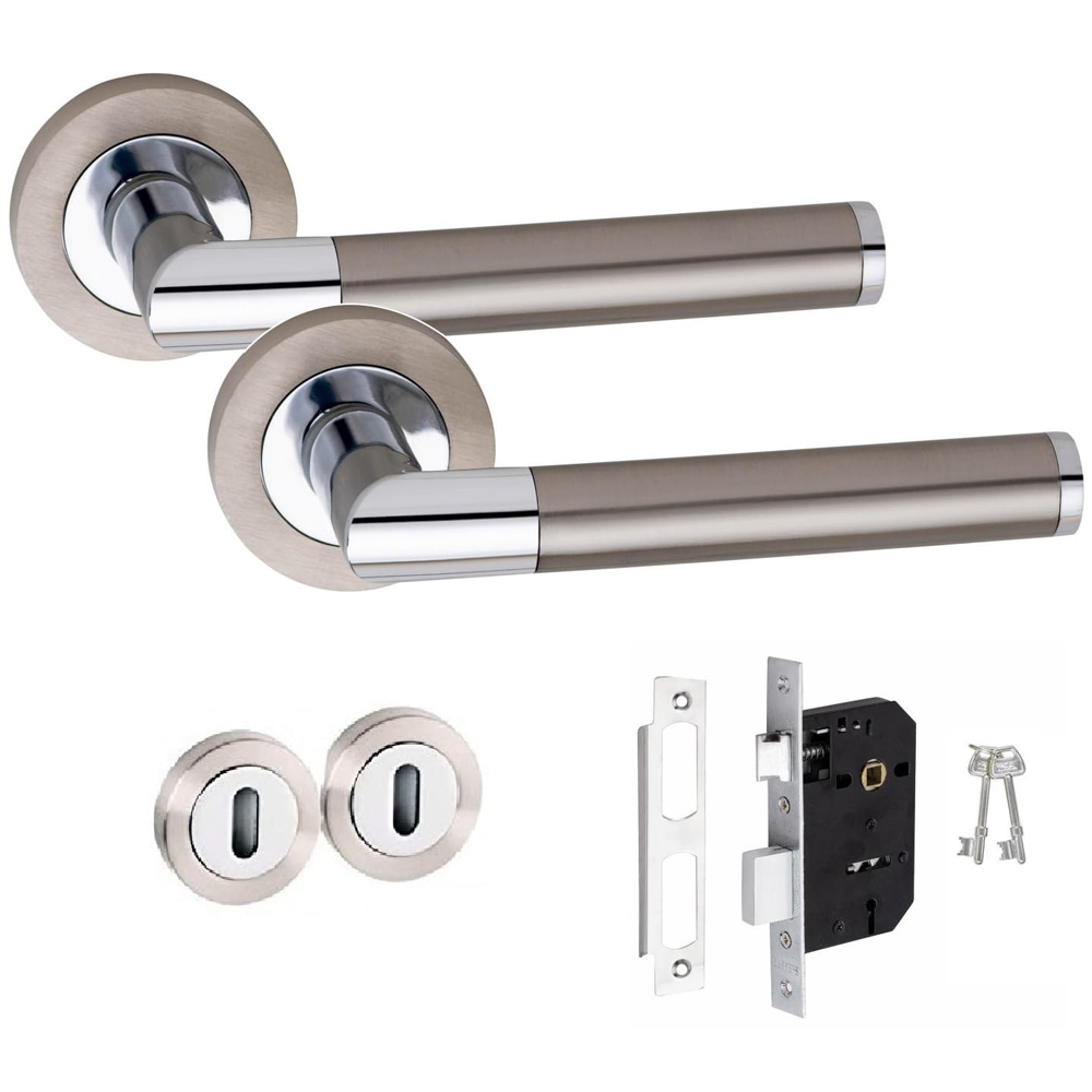 Golden Grace Mitred Satin Nickel Polished Chrome Door Handle Pair with 3 Lever Mortise and Key Hole 64mm Image 1