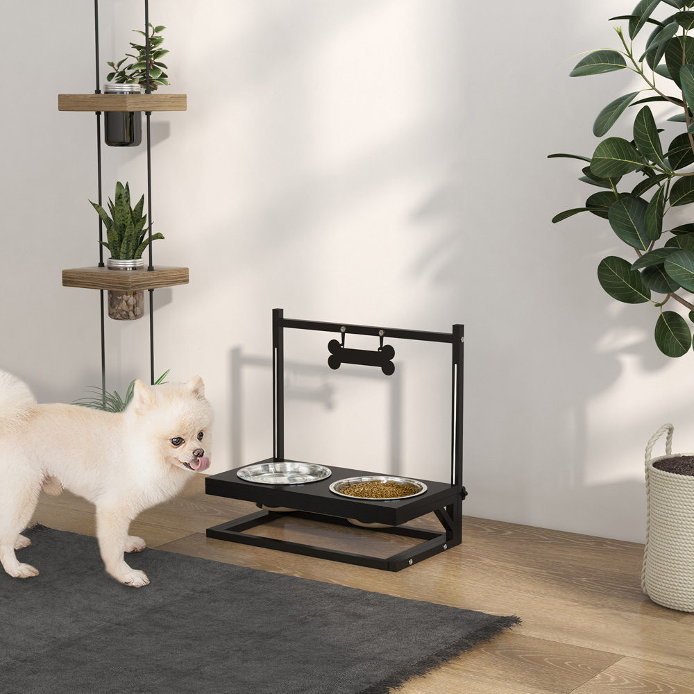 PawHut Black Adjustable Stainless Steel Twin Bowl Raised Dog Feeder Image 2