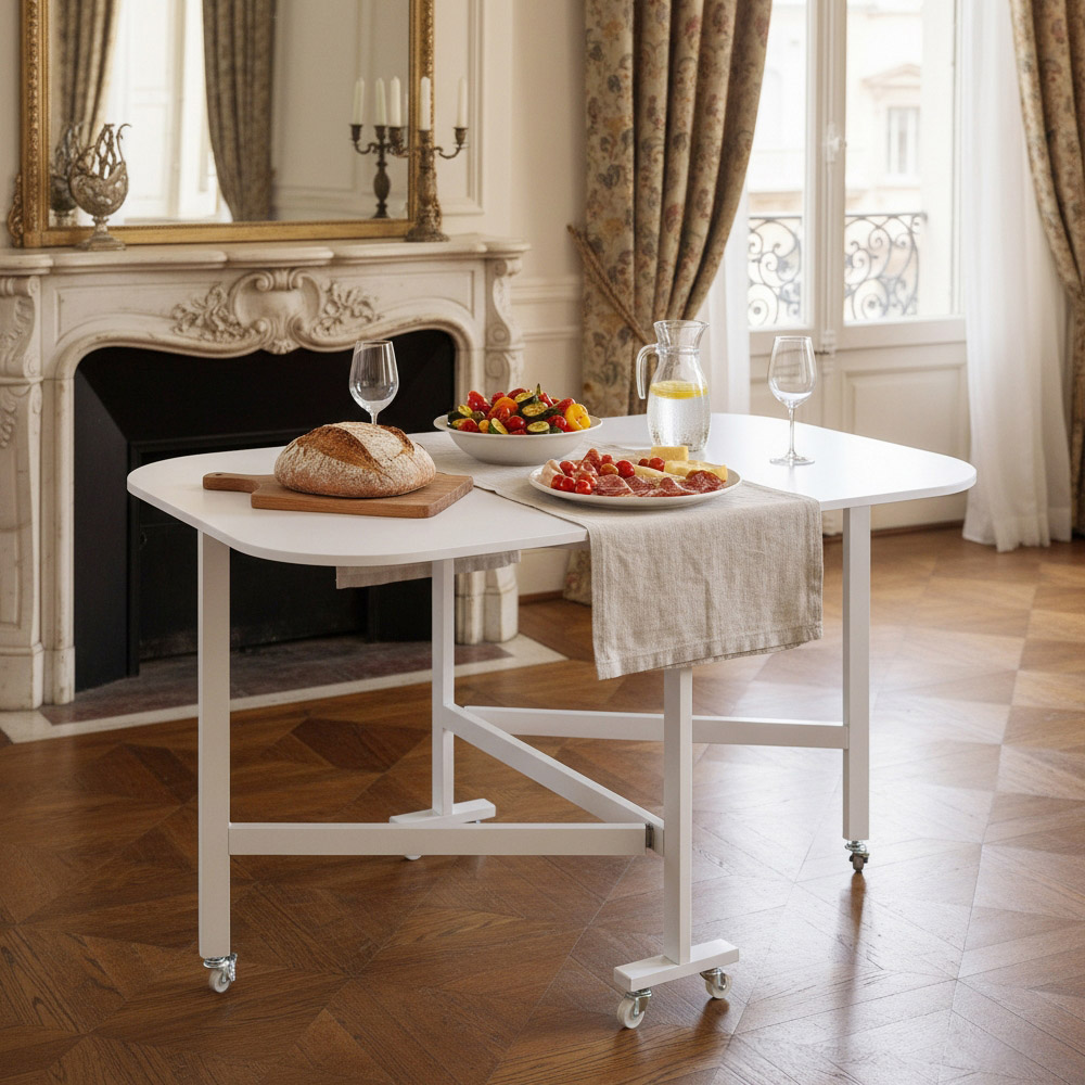 Living and Home 4 Seater White Folding Drop Leaf Table with Wheel Image 7
