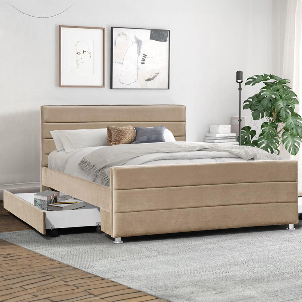 Brooklyn Single Brown Brushed Velvet Upholstered Bed Frame with 2 Drawers Image 1