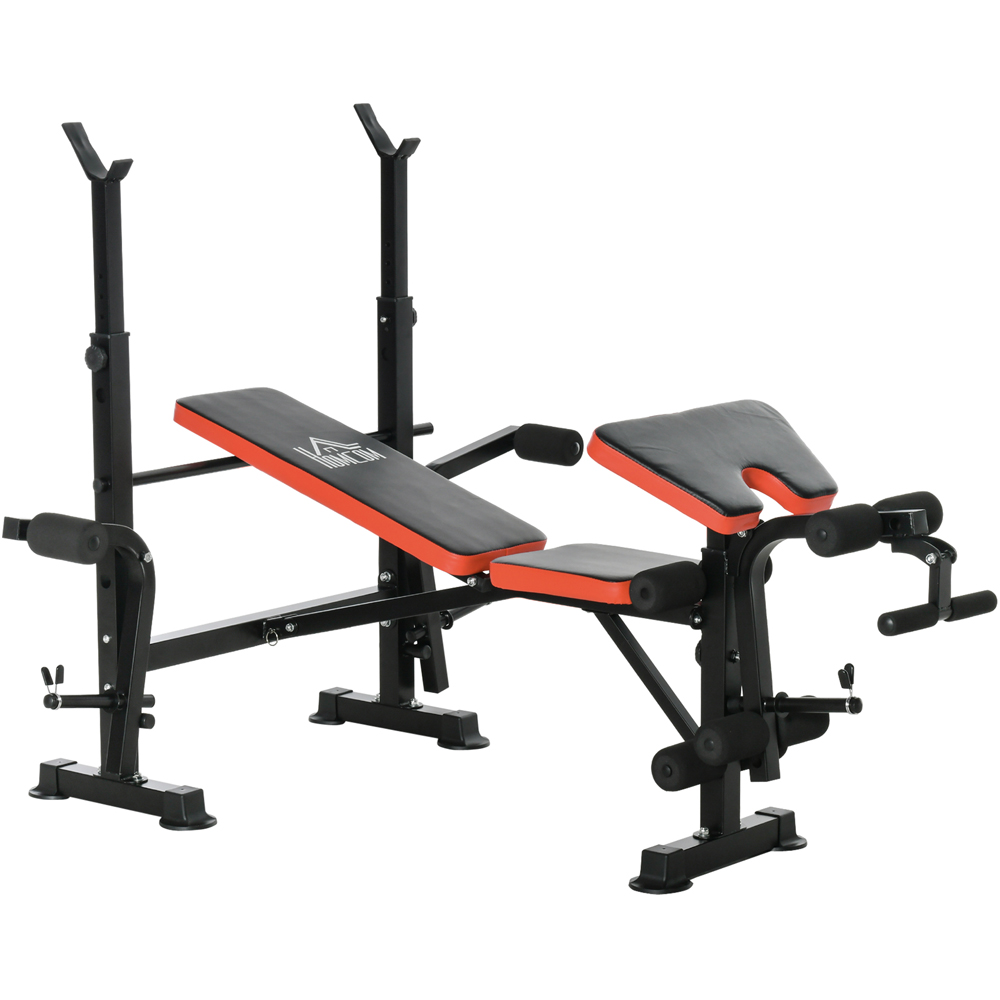 HOMCOM Black and Red Adjustable Weight Bench with Leg Developer Barbell Rack Image 1