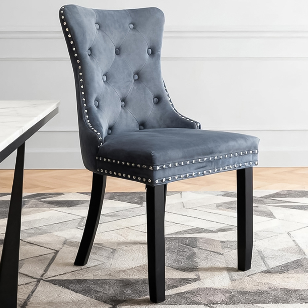 Alivio Set of 4 Grey Velvet Nailhead Trim Tufted Dining Chairs Image 1