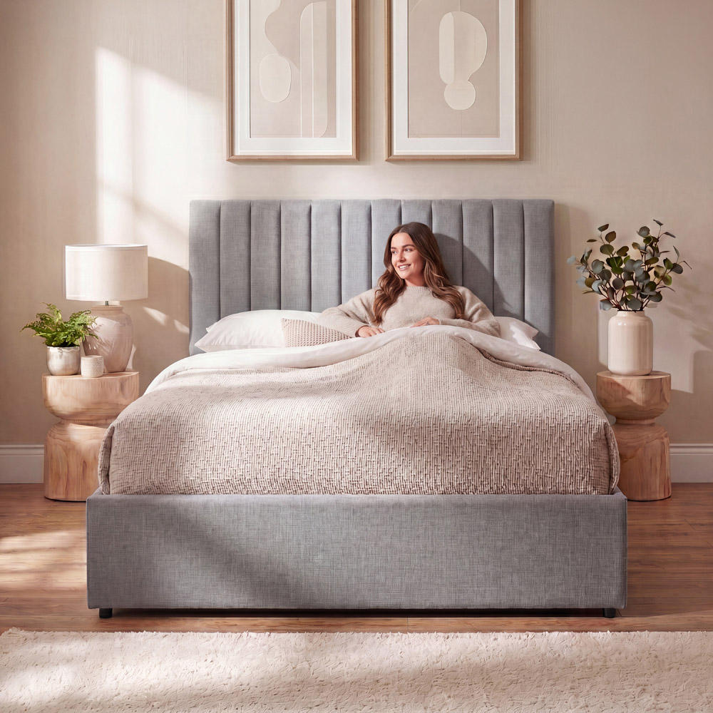 VIDA DESIGNS Vellaro King Size Light Grey Linen Fabric Ottoman Bed with Headboard Image 3