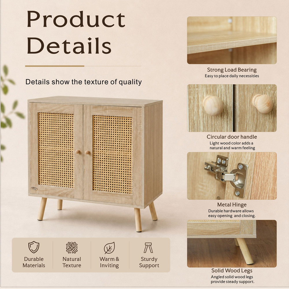 Abrihome 2 Door Natural Wooden Rattan Compact Sideboard Image 5