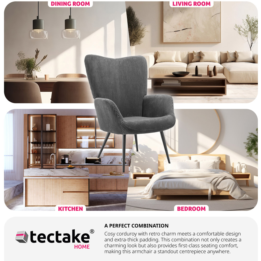 tectake Hygge Wide Corduroy Anthracite and Black Armchair Image 7