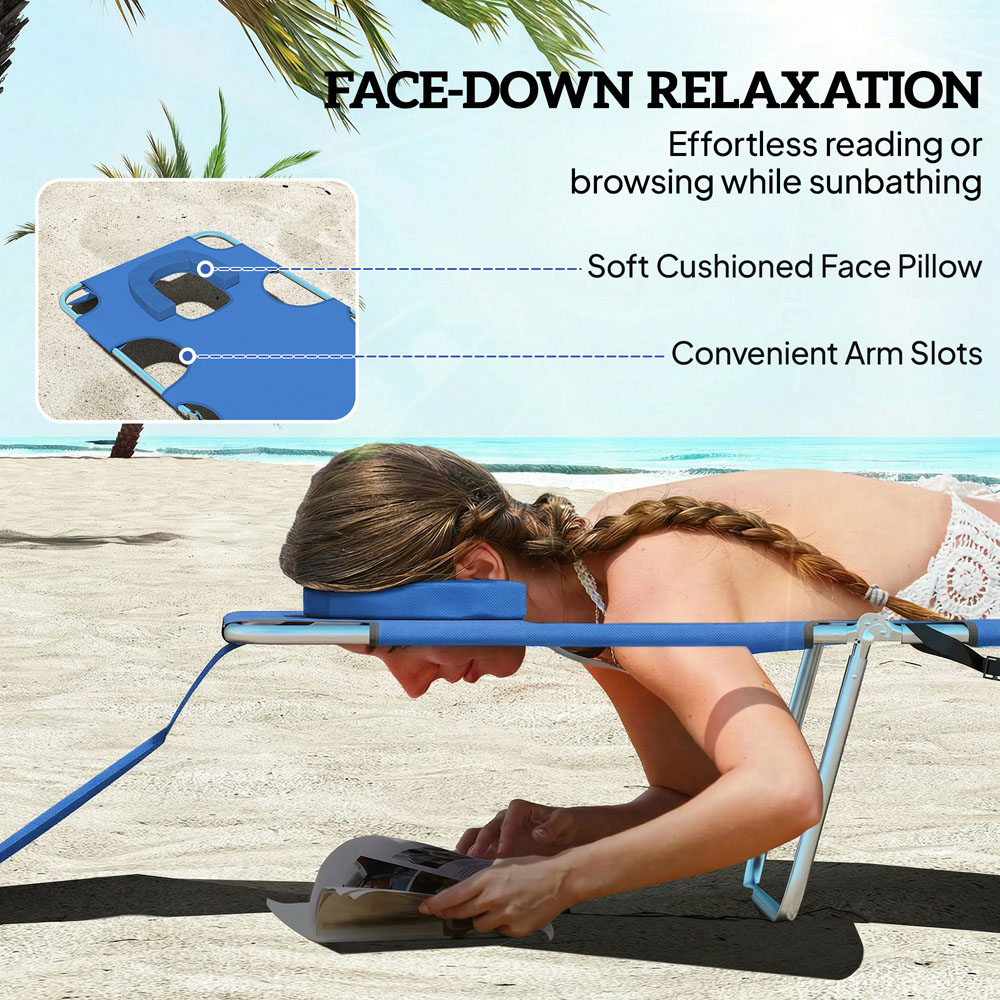 Outsunny Set of 2 Blue Foldable Sun Lounger with Reading Hole Image 5