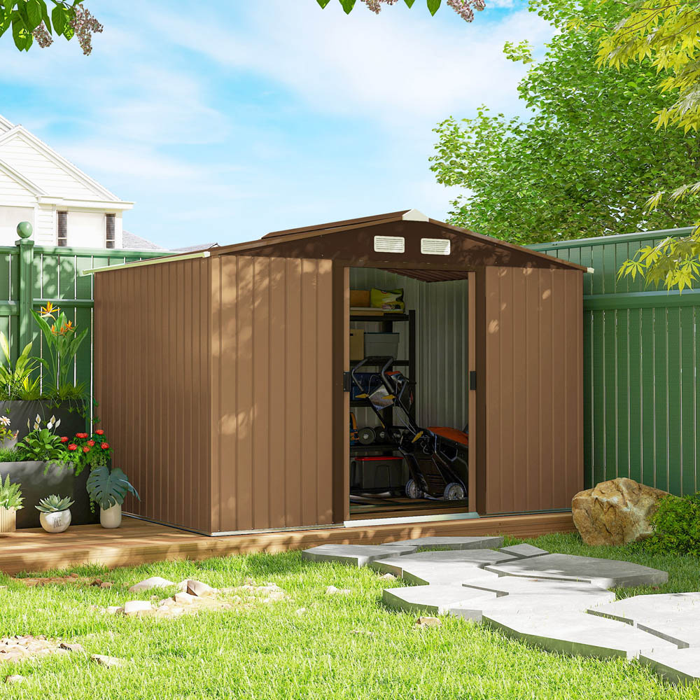 Outsunny 9 x 6ft Light Brown Metal Apex Garden Shed Image 2