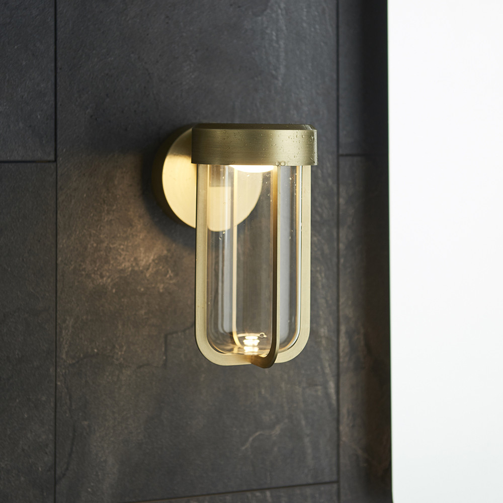 Merano Benevento Clear Glass Shade Brushed Gold LED Outdoor Wall Lamp Image 2