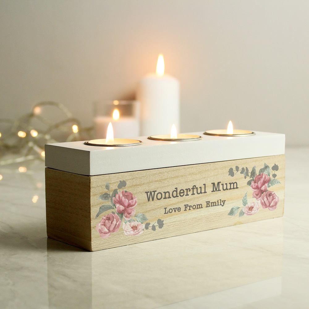 Personalised Memento Personalised Floral Watercolour Triple Tealight Box Image 2