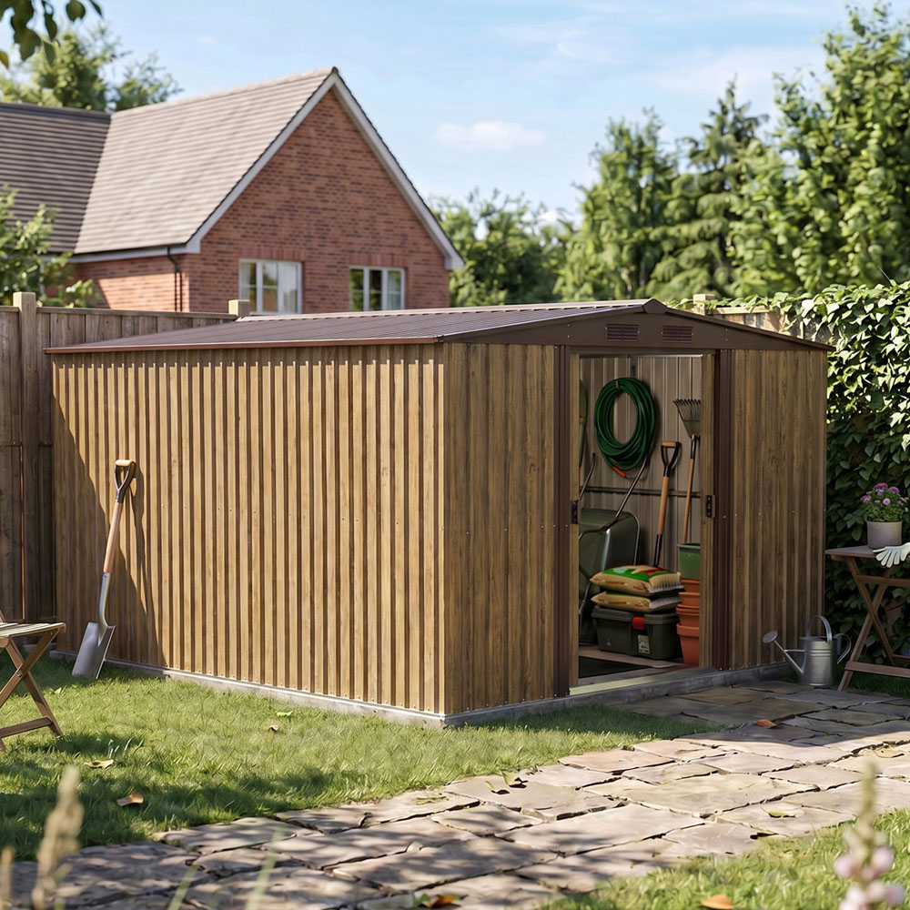 Living and Home 10 x 8ft Brown Wood Grain Metal Apex Garden Storage Shed with Foundation Image 7
