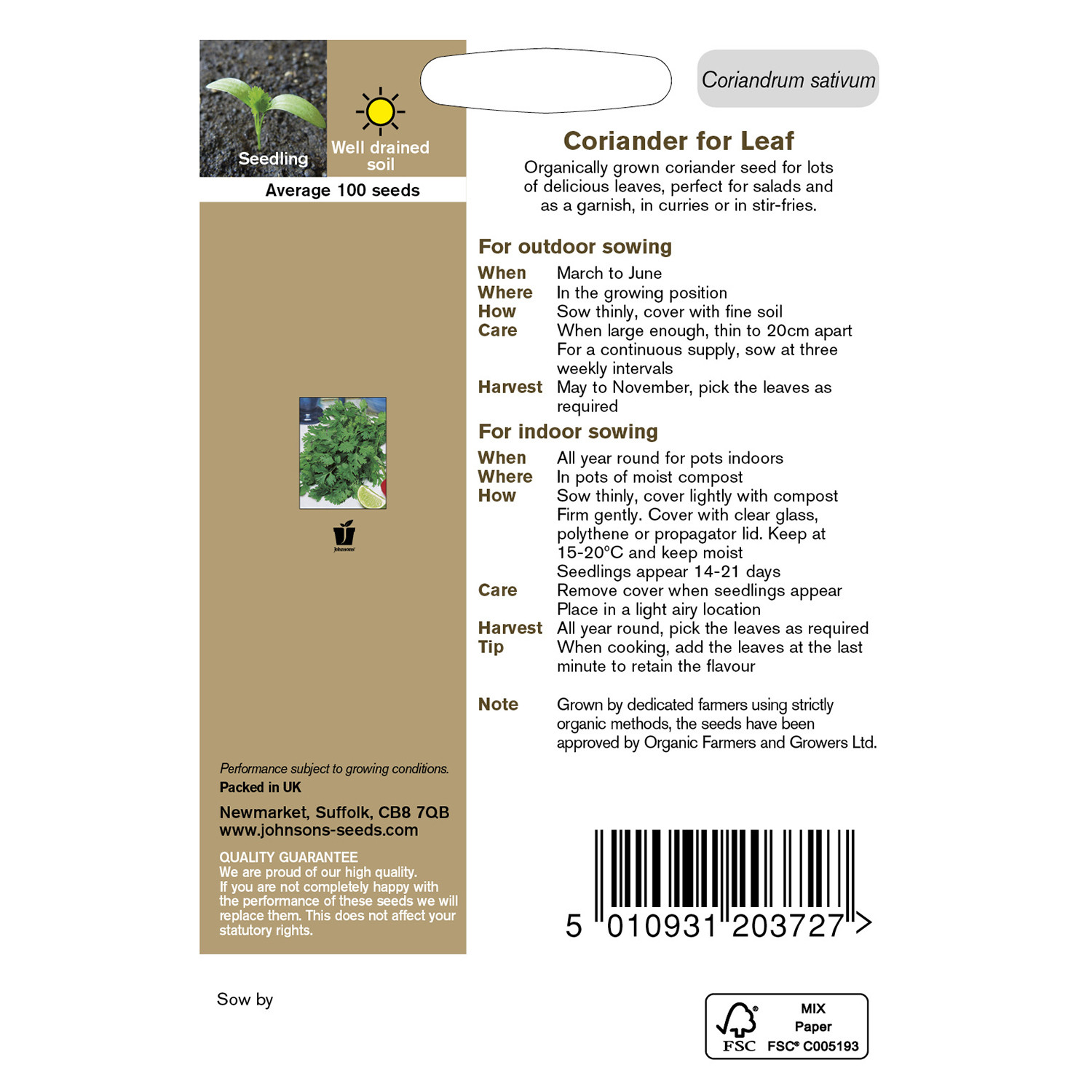Johnsons Organic For Leaf Coriander Herb Seeds Image 3
