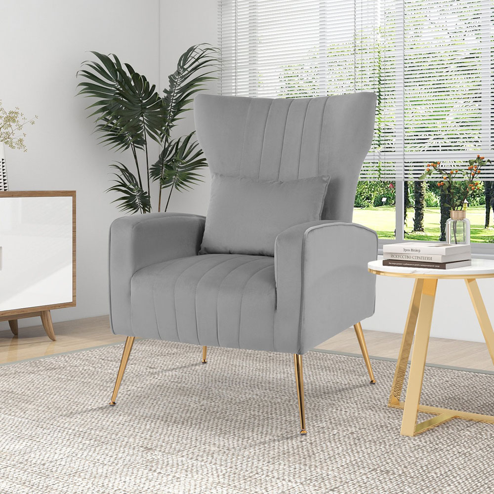 Costway Grey Velvet Upholstered Wingback Chair with Lumbar Pillow Image 4