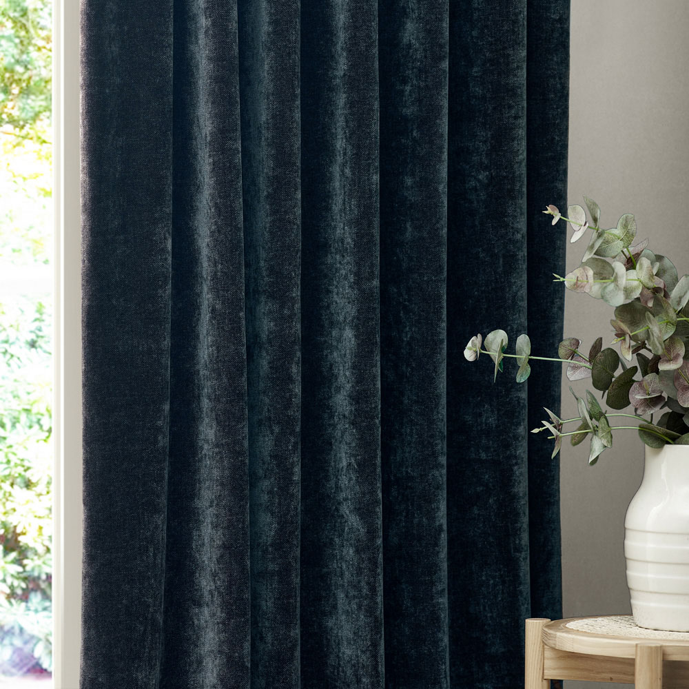 Yard Heavy Navy Chenille Velvet Pencil Pleat Curtains 168 x 137cm Image 2