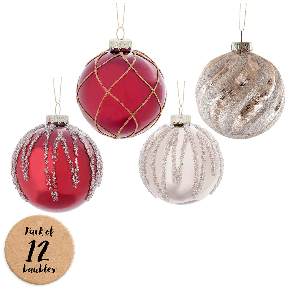 Charles Bentley Traditional Multicolour Glass Baubles 12 Pack Image 1