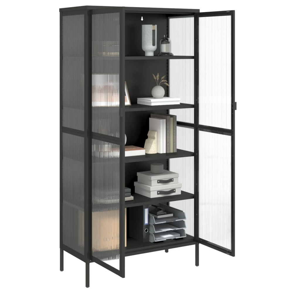 vidaXL 2 Glass Door Black Fluted Glass and Steel Highboard Image 5