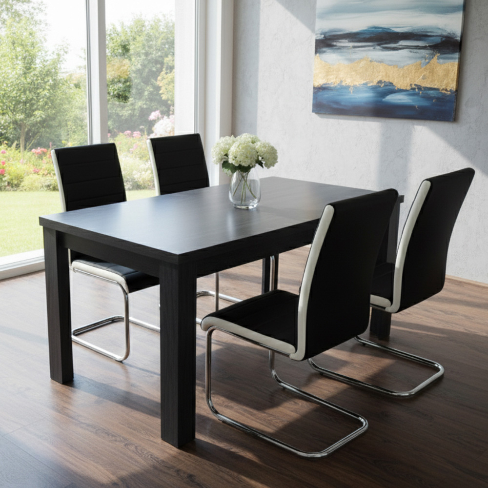 Kosy Koala 4 Seater Striped Faux Leather Wooden Dining Set White and Black Image 5