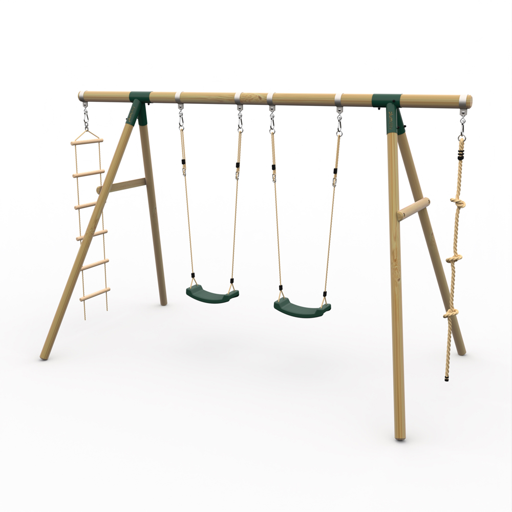 Plum Play Gibbon Wooden Double Swing Set with Climbing Rope and a Cargo Rope Ladder Image 3