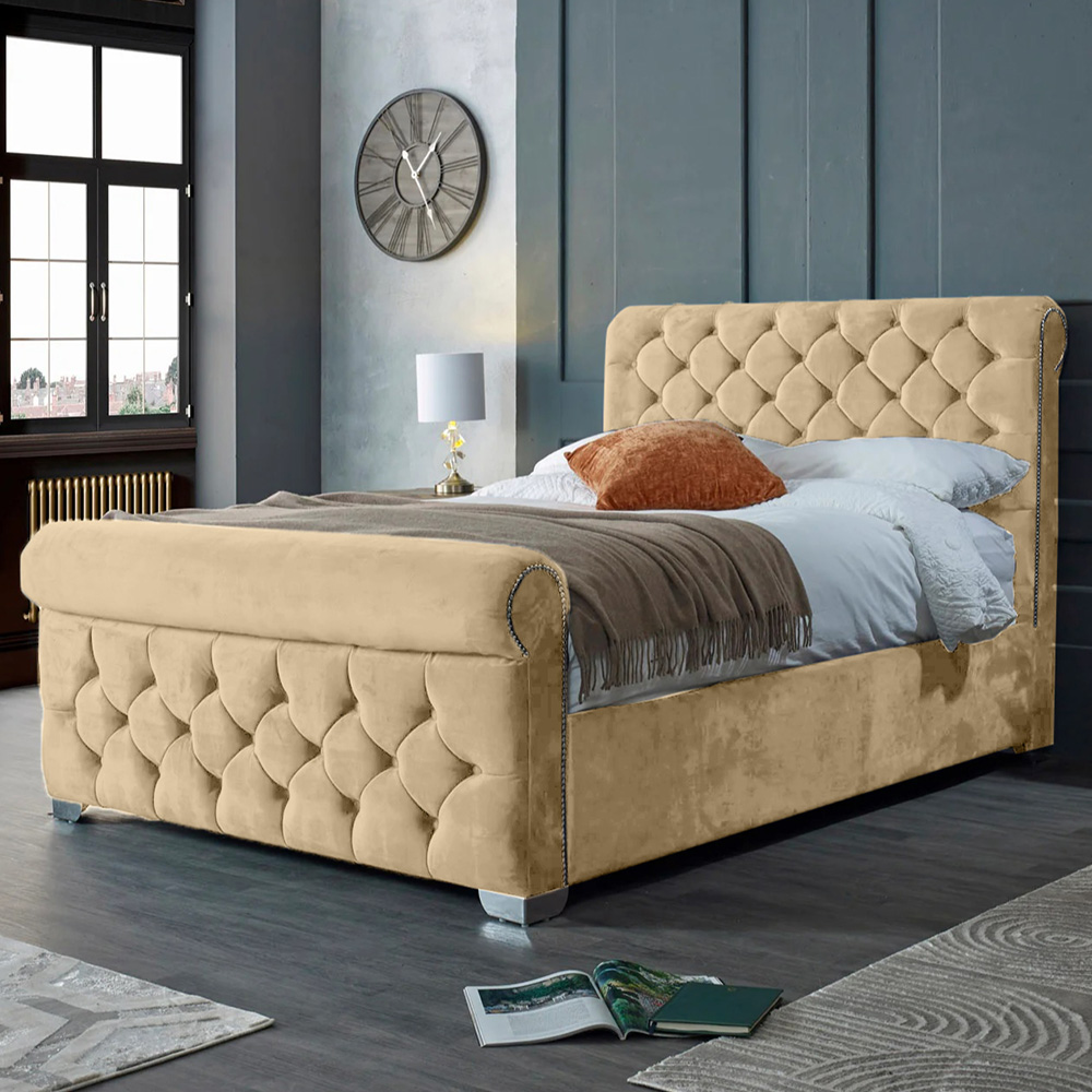 Eleganza Home Veneta King Size Beige Plush Velvet Bed Frame with Chesterfield Headboard Image 1
