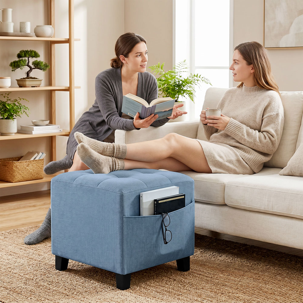 HOMCOM Dark Blue Small Ottoman Pouffe Stool with Side Pocket Image 2
