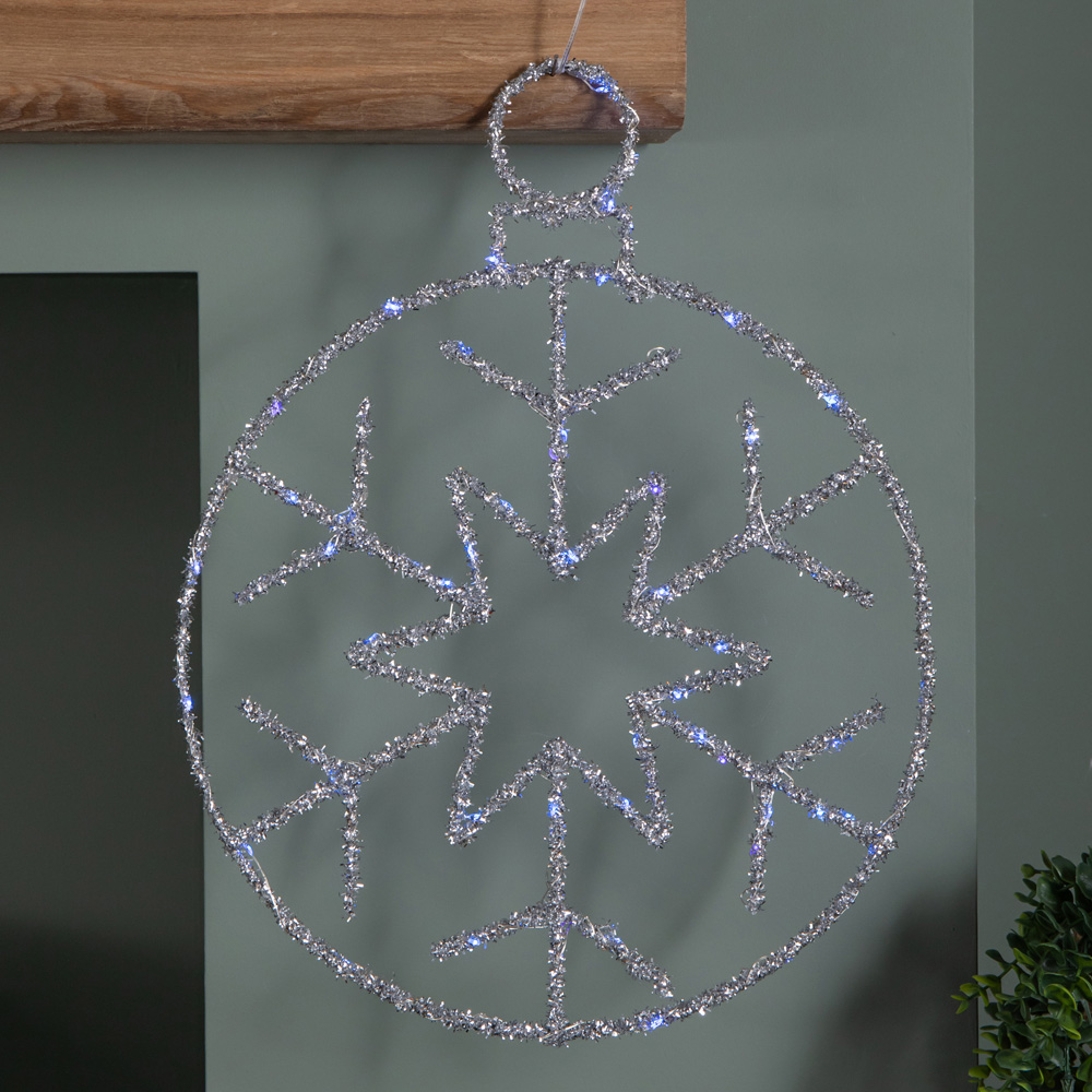 Samuel Alexander Blue Twinkling LED Light Up Silver Snowflake Ball Hanging Christmas Decoration Image 1