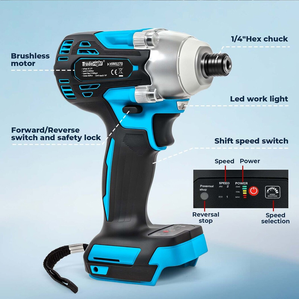 Traderight 21V Cordless Brushless 1/4 inch Impact Driver with 2 Batteries Image 4