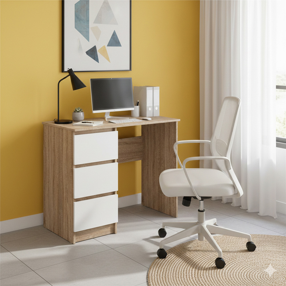 Shefa Cina 3 Drawer Compact Computer Desk Sonoma Oak and White Image 5