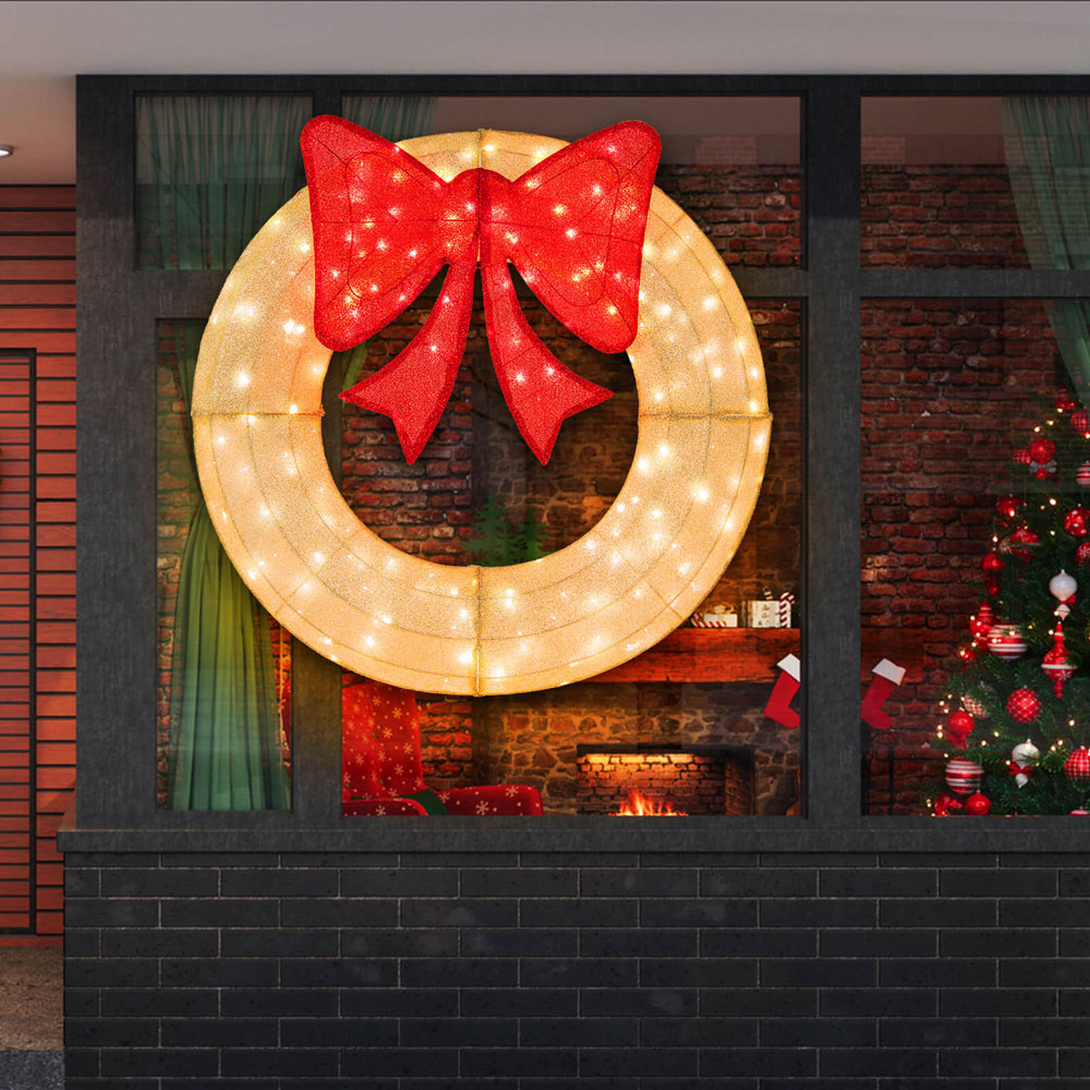 Costway 200 LED Pre-Lit Wreath with Red Bow Christmas Decoration Image 4