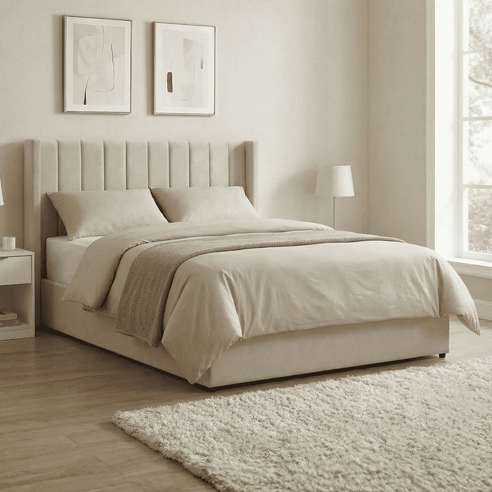 Home Source Alix Double Putty Velvet Lift-Up Ottoman Bed with Fluted Headboard Image 1