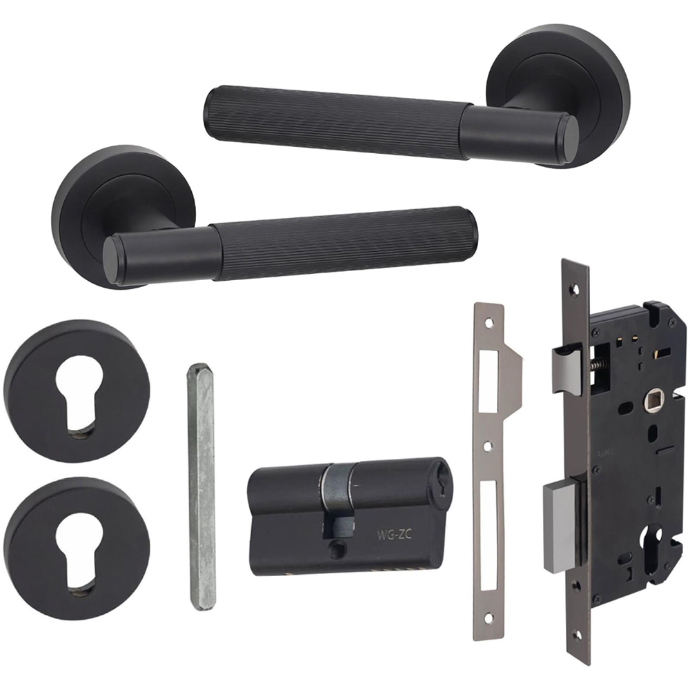 Golden Grace Matt Black Straight T-Bar Linear Euro Lock Door Handle Set 70mm Image 1