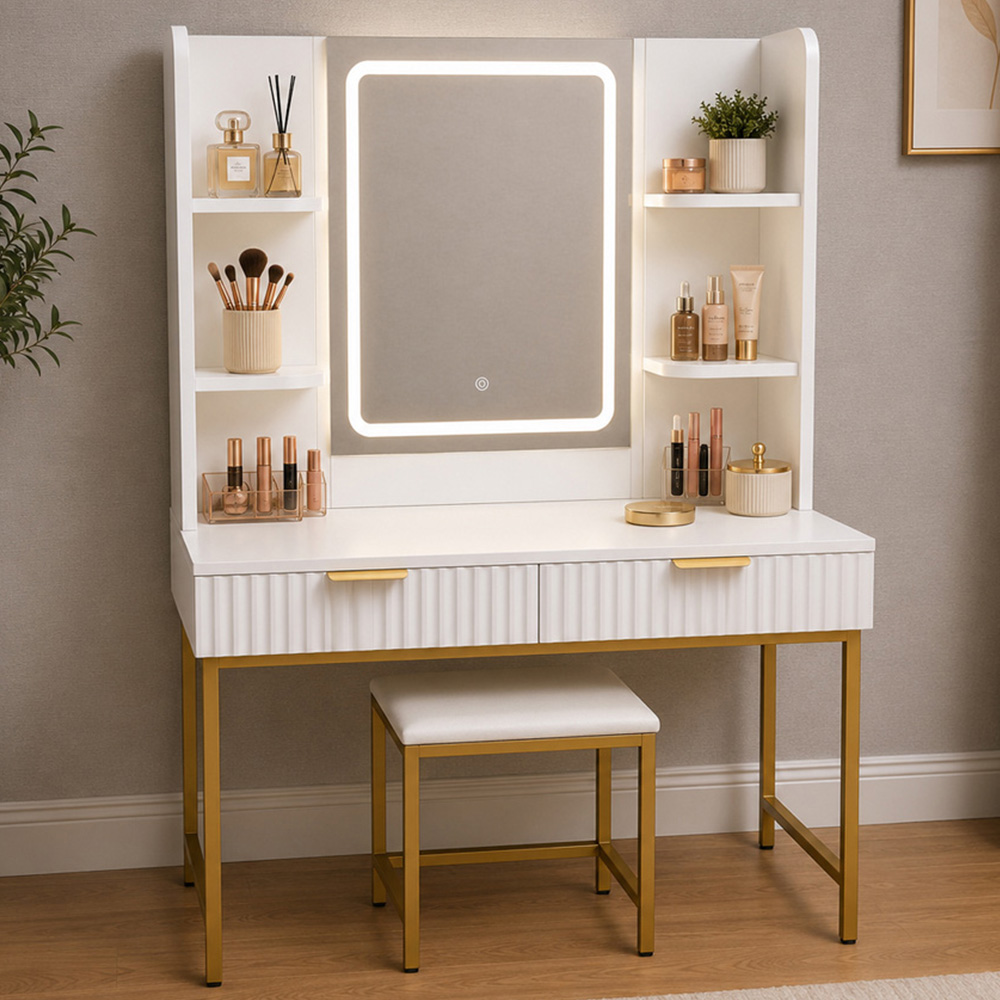 Kosy Koala Annabelle 2 Drawer 4 Shelf White and Gold Dressing Table Set with LED Mirror Image 1