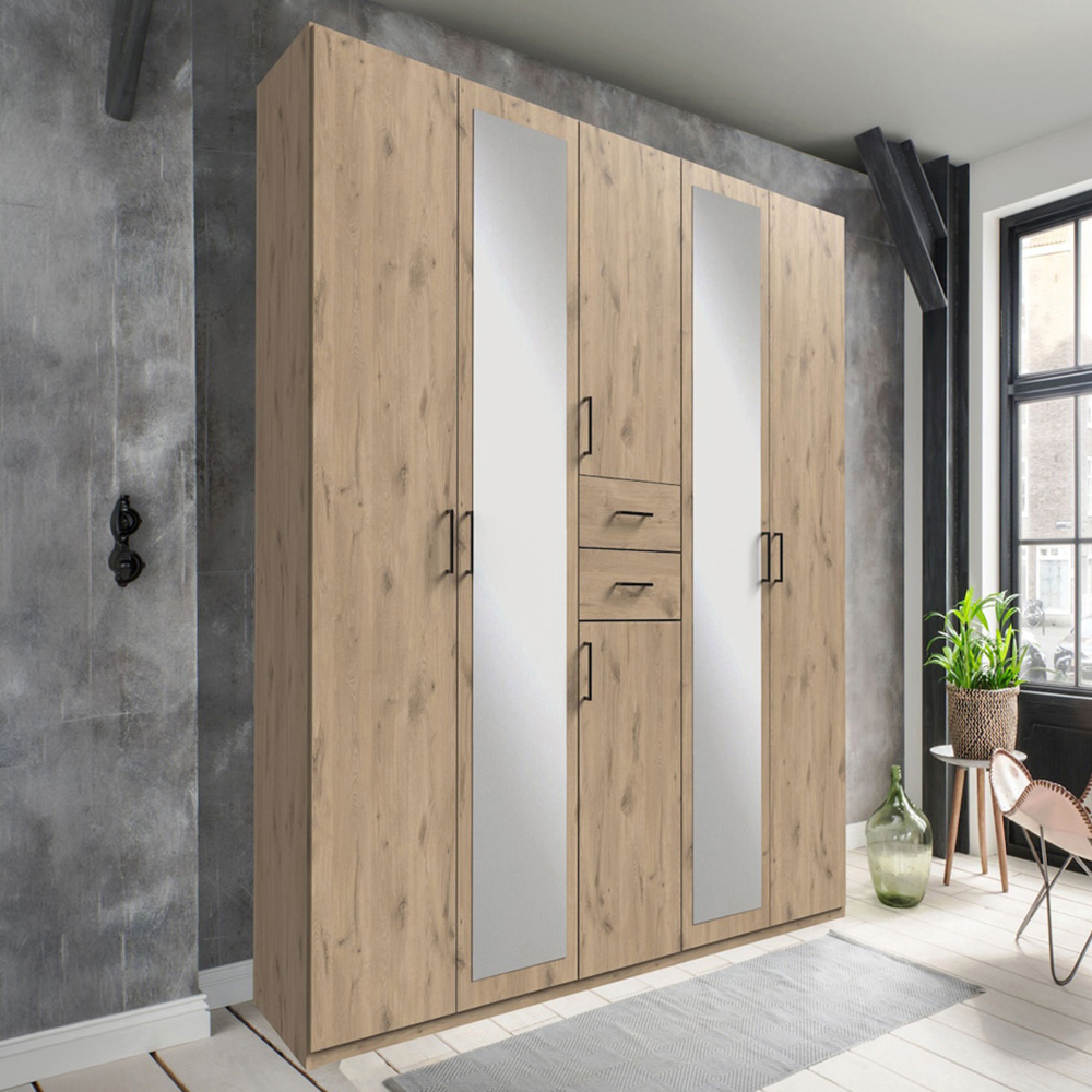 TJ'S Dillingen 6 Door Viking Oak Wardrobe with Mirror Image 1