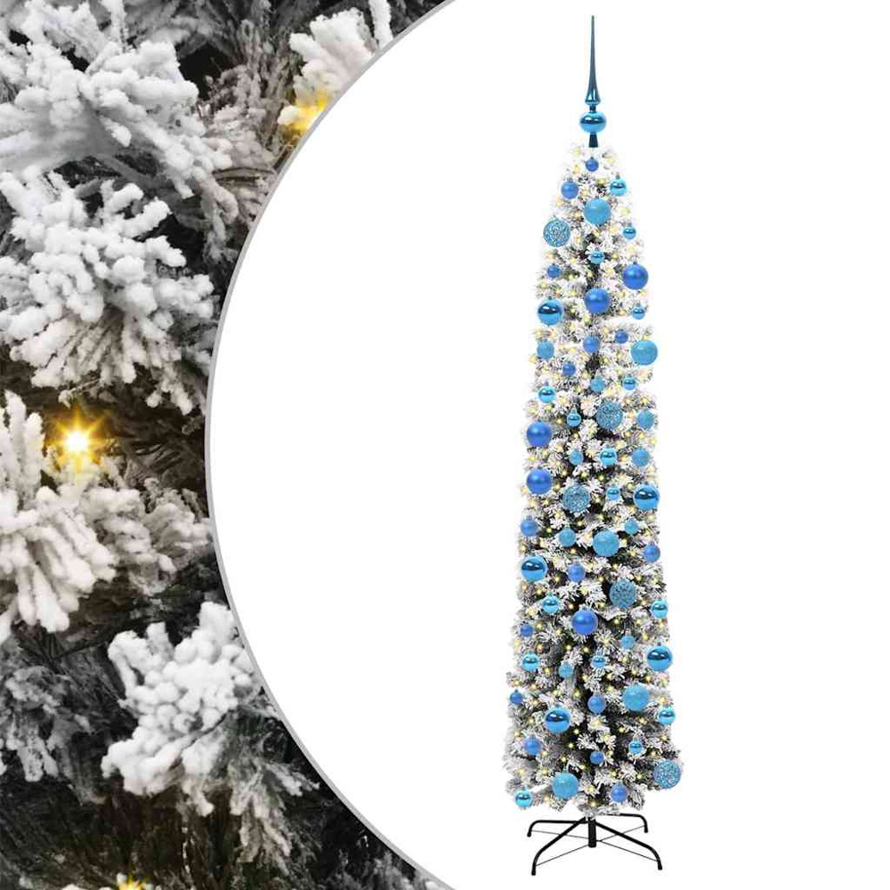 vidaXL 300 LED Pre-Lit Blue Baubles Green Artificial Snow Flocked Christmas Tree 6ft Image 2