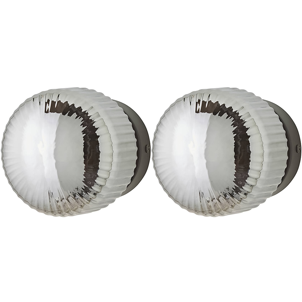 ValueLights Calpe Ribbed Smoked Shade Brushed Matte Black Flush Wall Light with Bulb 2 Pack Image 1