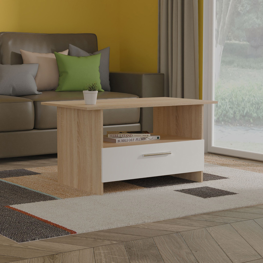 Crowndale Contrast Single Drawer White Matt and Bardolino Oak Coffee Table Ready Assembled Image 7