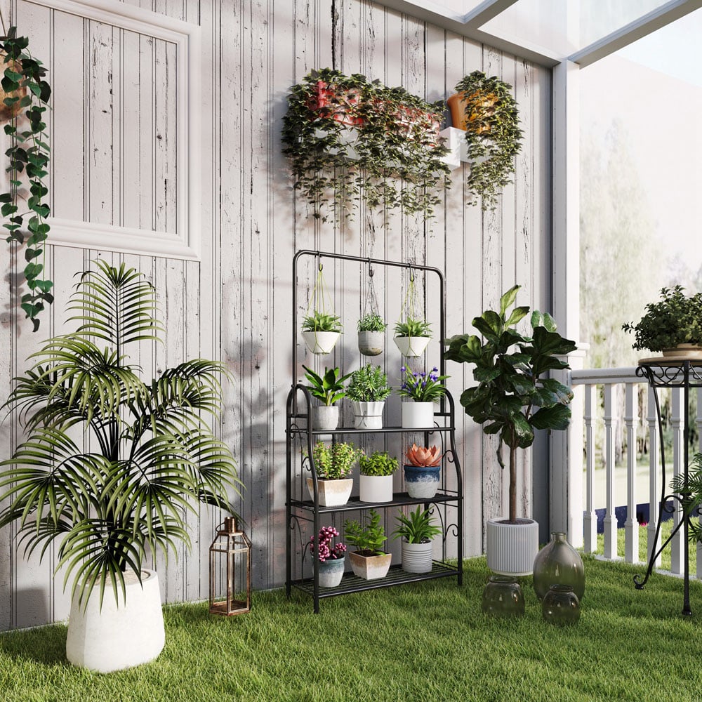 Outsunny 3 Tier Black Garden Plant Stand with Hanging Hooks Image 5