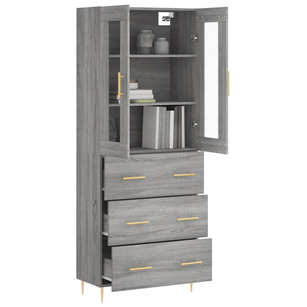 vidaXL 2 Glass Door 3 Drawer Concrete Grey Highboard Image 3