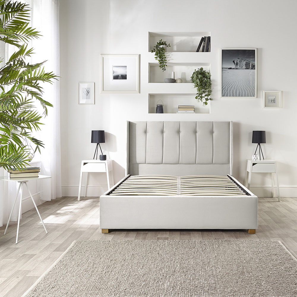 Catherine Lansfield Utopia King Size Light Silver Velvet Ottoman Wing Bed Image 6