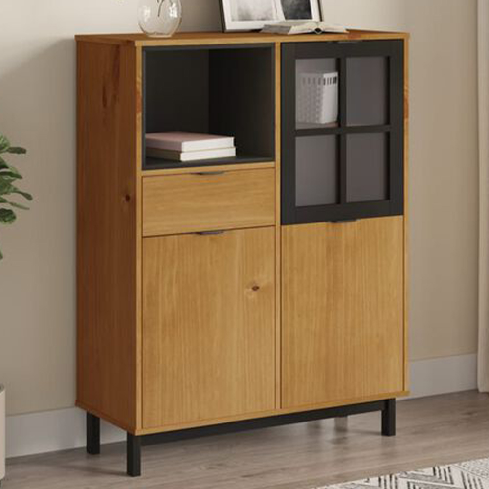vidaXL 3 Door Single Drawer Single Shelf Brown Oak Solid Pine Wood Highboard Image 1