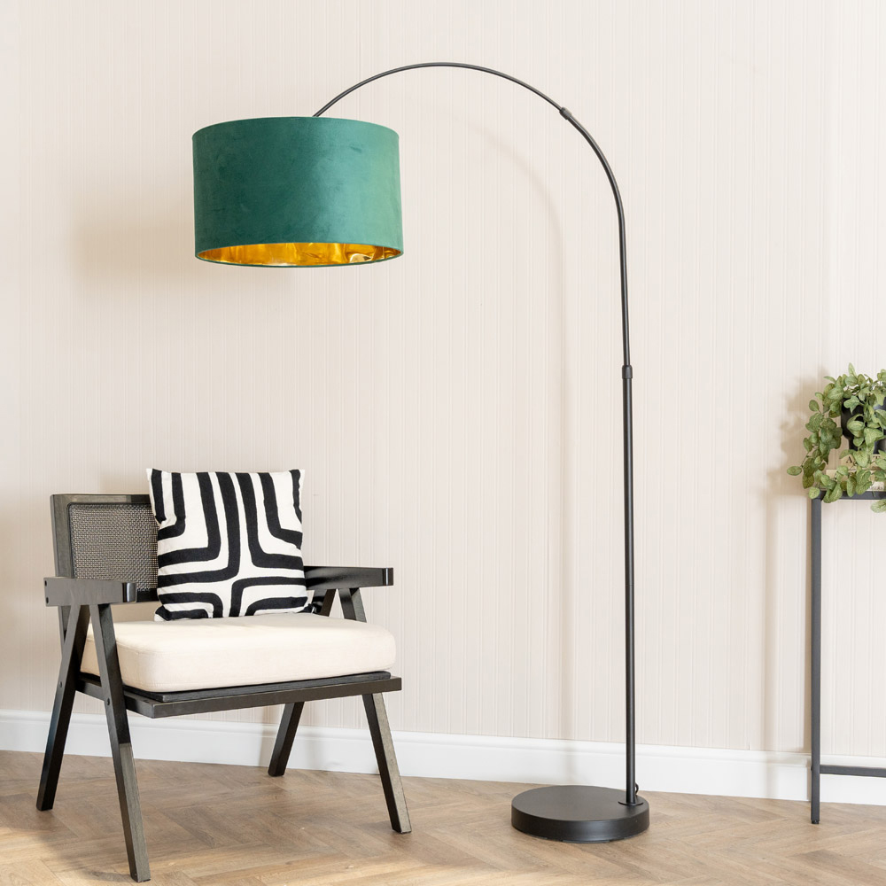 ValueLights Louis Black Arched LED Floor Lamp with Forest Green and Gold Velvet Drum Lamp Shade Image 2