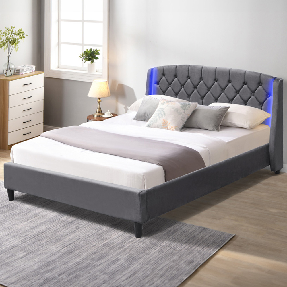 Comfy Living King Size Grey Fabric Bed Frame with LED Headboard Image 1