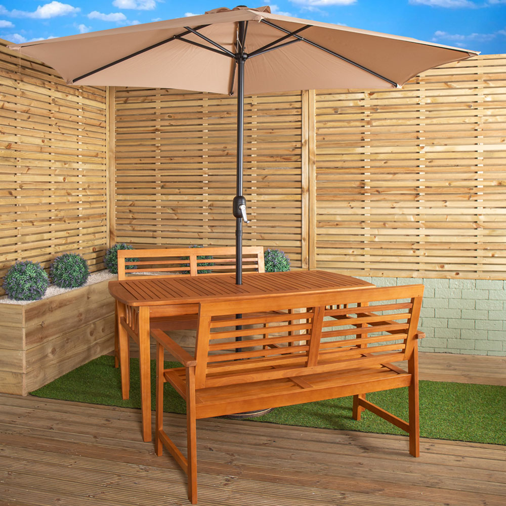 Samuel Alexander 4 Seater Wooden Rectangular Dining Bench Set with Beige Havana Parasol and Base Image 1