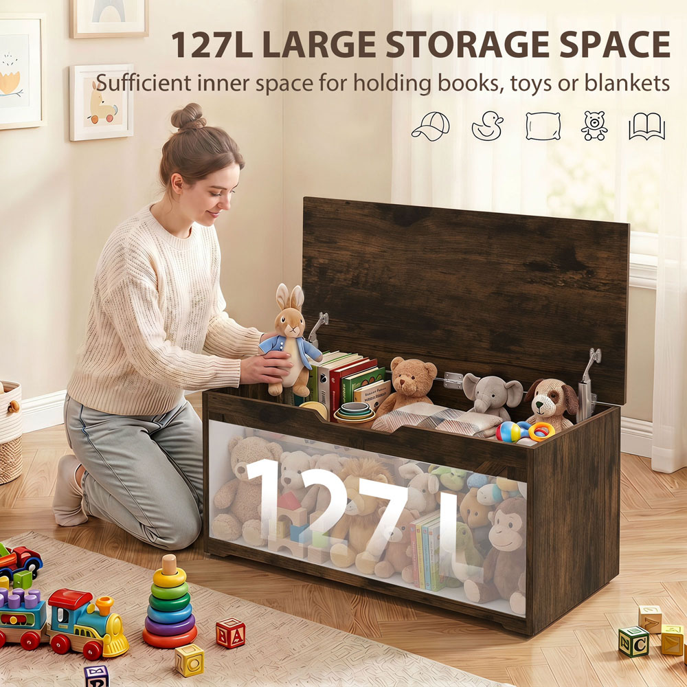 HOMCOM 127L Rustic Brown Storage Trunk with Safety Hinges Image 5