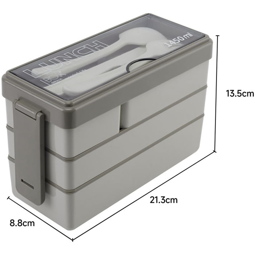 Living and Home Grey 3 Layer Plastic Bento Lunch Box with Cutlery Image 5
